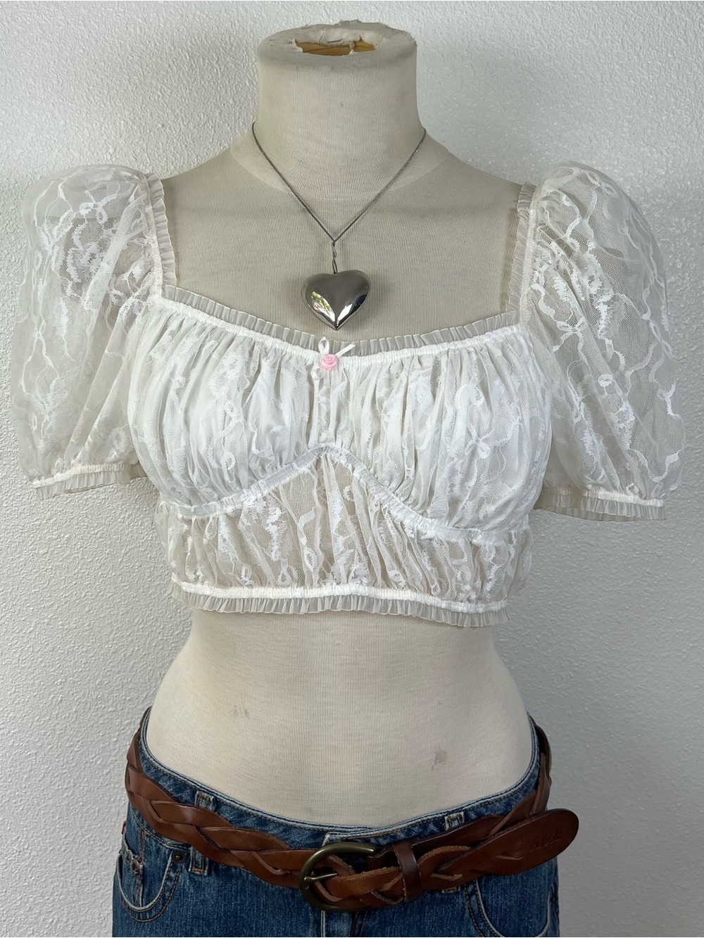 White Lace Puff Sleeve Crop Top